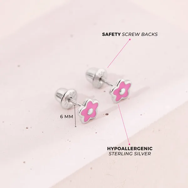 Sterling Silver Pink Flower Kids Earrings Ages 0-10 Image 3 Barthau Jewellers Stouffville, ON