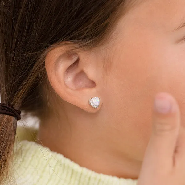 Sterling Silver Simulated Opal & CZ Heart Kids Earrings Ages 3-17 Image 2 Barthau Jewellers Stouffville, ON