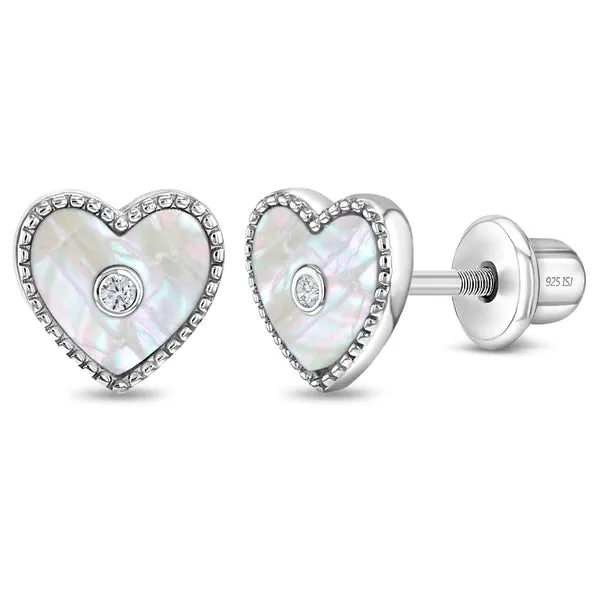 Sterling Silver Mother Of Peark Heart Kids Earrings Ages 3-17 Barthau Jewellers Stouffville, ON