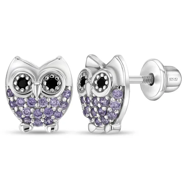 Sterling Silver Purple CZ Owl Kids Earrings Ages 3-10 Barthau Jewellers Stouffville, ON