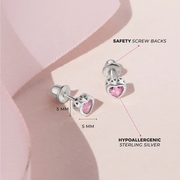 Sterling Silver Pink CZ Heart Kids Earrings Ages 0-10 Image 3 Barthau Jewellers Stouffville, ON