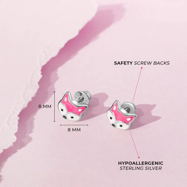 Sterling Silver Pink/White Fox Kids Earrings Ages 3-10 Image 3 Barthau Jewellers Stouffville, ON