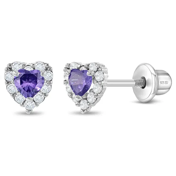 Sterling Silver Purple CZ Kids Heart Earrings Ages 0-10 Barthau Jewellers Stouffville, ON