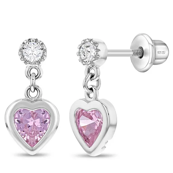 Sterling Silver Pink CZ Dangle Kids Earrings Ages 3-17 Barthau Jewellers Stouffville, ON