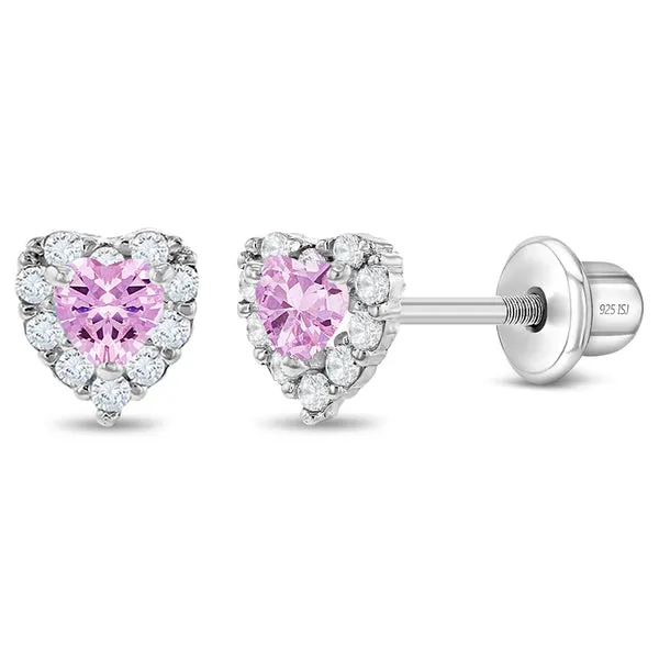 Sterling Silver Small Pink CZ Heart Kids Earrings Ages 0-10 Barthau Jewellers Stouffville, ON