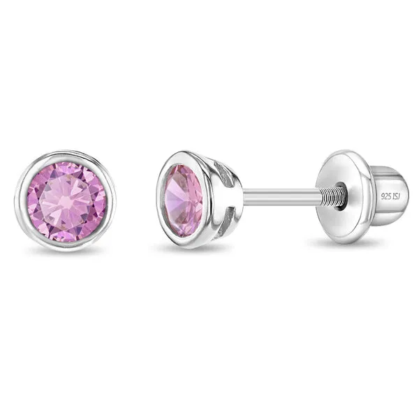 Sterling Silver Pink CZ Bezel Kids Earrings Ages 0-10 Barthau Jewellers Stouffville, ON