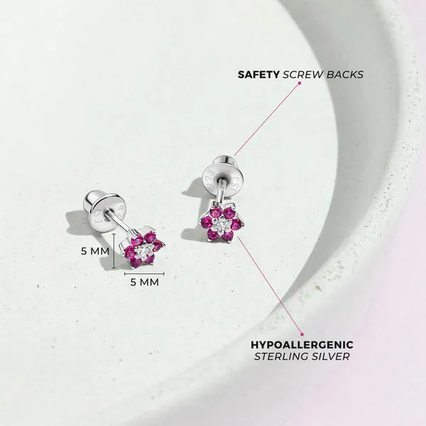Sterling Silver Hot Pink CZ Flower Kids Earrings Ages 0-10 Image 3 Barthau Jewellers Stouffville, ON