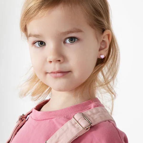 Sterling Silver Pink Bezel Hearts Kids Earrings Ages 3-10 Image 2 Barthau Jewellers Stouffville, ON