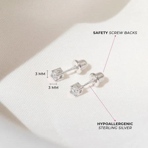 Sterling Silver 3mm CZ Kids Earrings Ages 0-10 Image 3 Barthau Jewellers Stouffville, ON