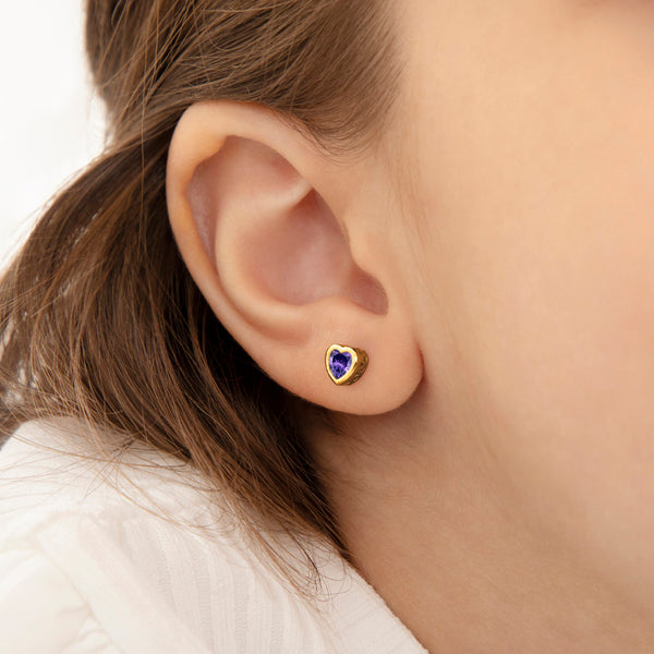 Sterling Silver Gold Plated Purple CZ Bezel Heart Children's Screwback Earrings, Ages 2-18 Image 2 Barthau Jewellers Stouffville, ON