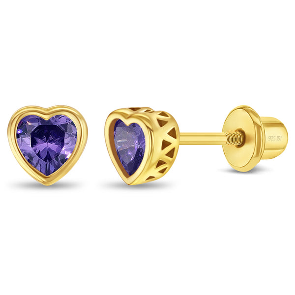 Sterling Silver Gold Plated Purple CZ Bezel Heart Children's Screwback Earrings, Ages 2-18 Barthau Jewellers Stouffville, ON
