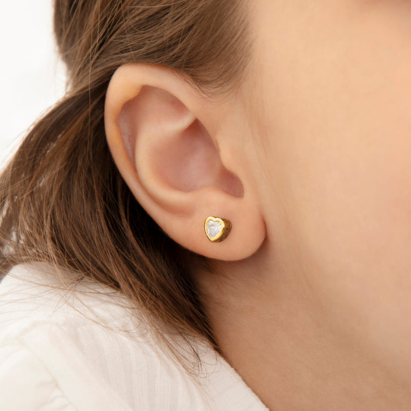 Sterling Silver Gold Plated Clear CZ Bezel Heart Children's Screwback Earrings, Ages 2-18 Image 2 Barthau Jewellers Stouffville, ON