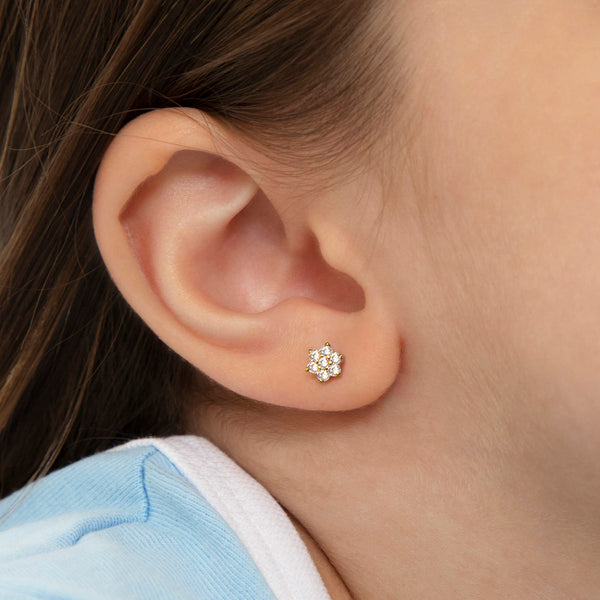 Sterling Silver Gold Plated CZ Flower Children's Screwback Earrings, Ages 2-15 Image 2 Barthau Jewellers Stouffville, ON