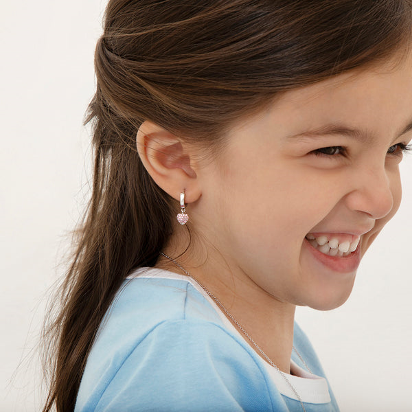 Sterling Silver Pink Pave CZ Puffed Heart Dangle Kids Earrings Ages 3-10 Image 2 Barthau Jewellers Stouffville, ON