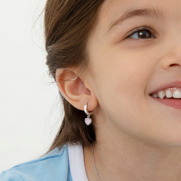 Sterling Silver Pink Pave CZ Puffed Heart Dangle Kids Earrings Ages 3-10 Image 3 Barthau Jewellers Stouffville, ON