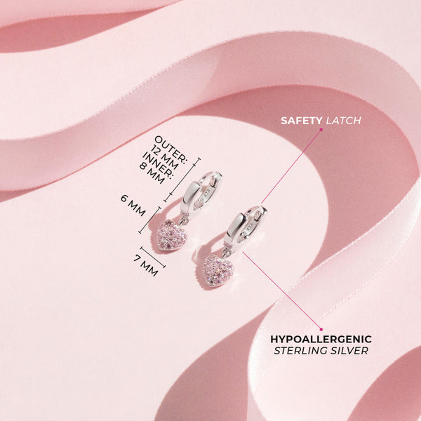 Sterling Silver Pink Pave CZ Puffed Heart Dangle Kids Earrings Ages 3-10 Image 4 Barthau Jewellers Stouffville, ON
