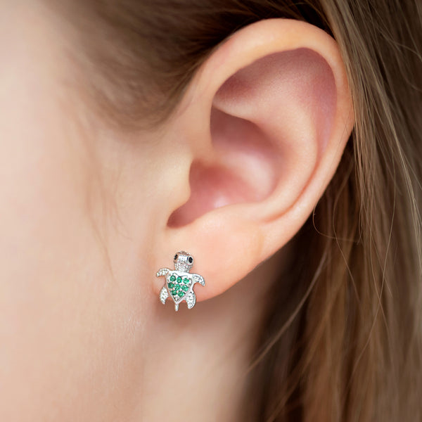 Sterling Silver Green CZ Turtle Kids Earrings Ages 3-17 Image 2 Barthau Jewellers Stouffville, ON