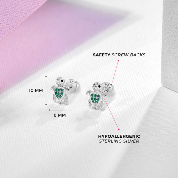 Sterling Silver Green CZ Turtle Kids Earrings Ages 3-17 Image 3 Barthau Jewellers Stouffville, ON