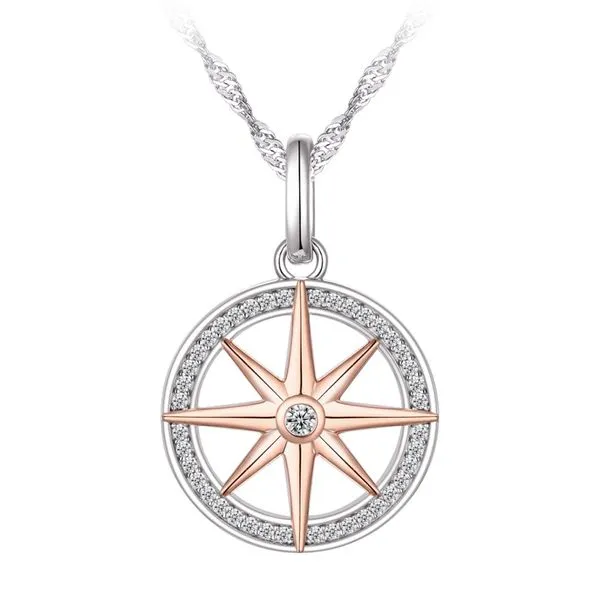 Sterling Silver/Rose Gold Plate Cubic Zirconia Compass Rose Necklace Barthau Jewellers Stouffville, ON