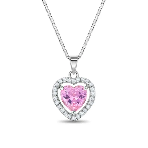 Sterling Silver Royal Pink Halo CZ Heart Kids Necklace Ages 3-10 Barthau Jewellers Stouffville, ON