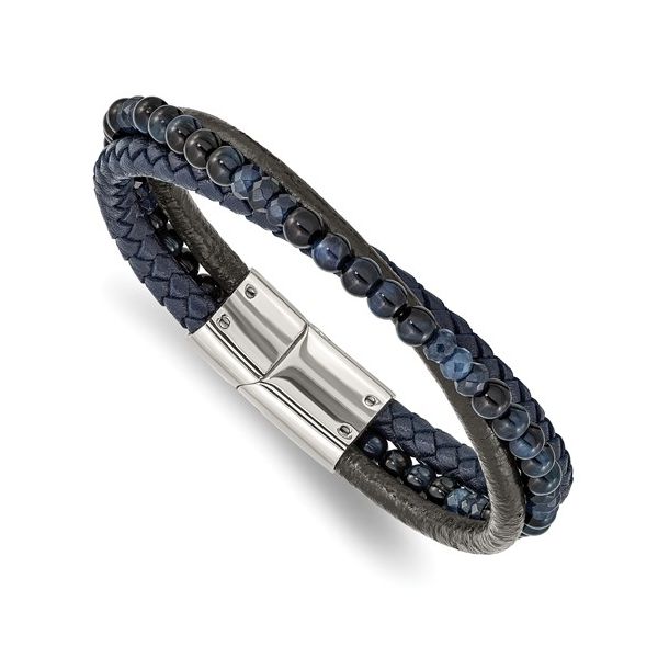 Stainless Steel With Blue Chalcedony And Tiger's Eye Leather Bracelet Barthau Jewellers Stouffville, ON