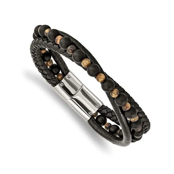 Stainless Steel With Tiger's Eye And Black Agate Leather Bracelet Barthau Jewellers Stouffville, ON