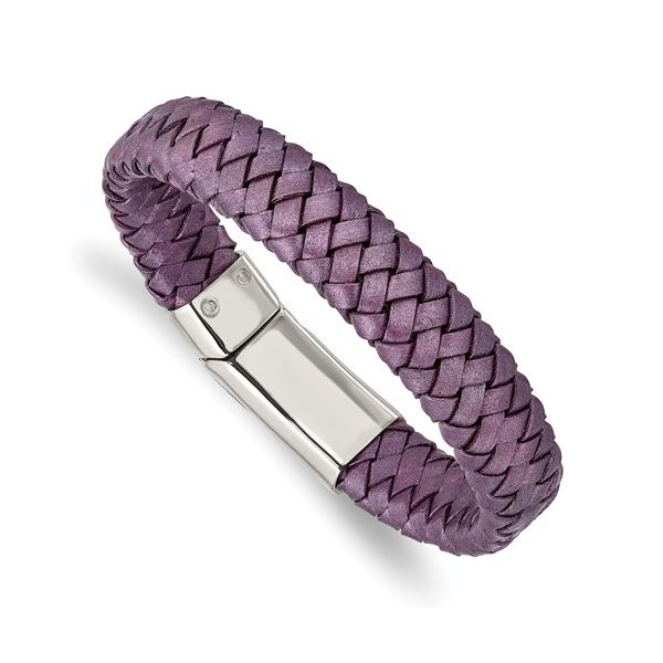 Stainless Steel Polished Metallic Purple Woven Leather Bracelet Barthau Jewellers Stouffville, ON