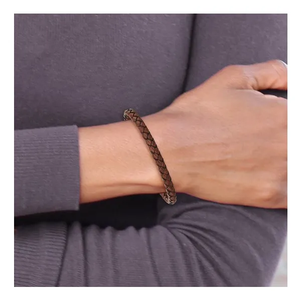 Braided Brown Leather And Matte Black Stainless Steel Bracelet 8.25