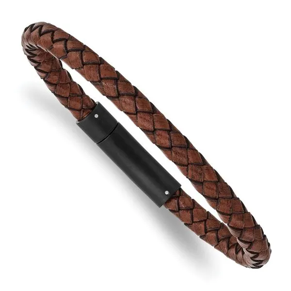 Braided Brown Leather And Matte Black Stainless Steel Bracelet 8.25