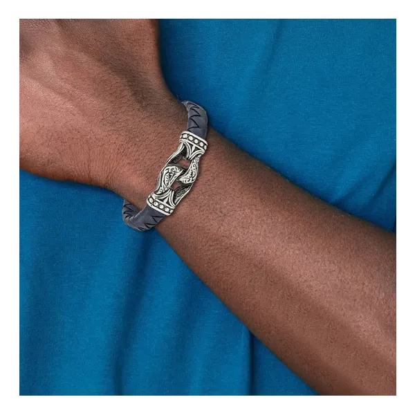 Woven Navy Leather Stainless Steel Bracelet 8.75