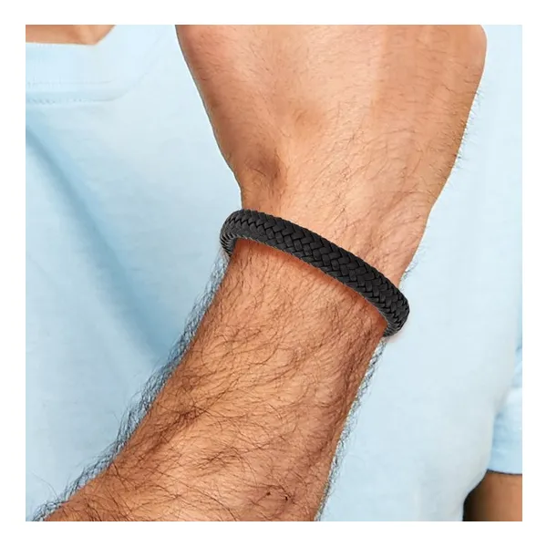 Woven Black Leather And Stainless Steel Bracelet 8