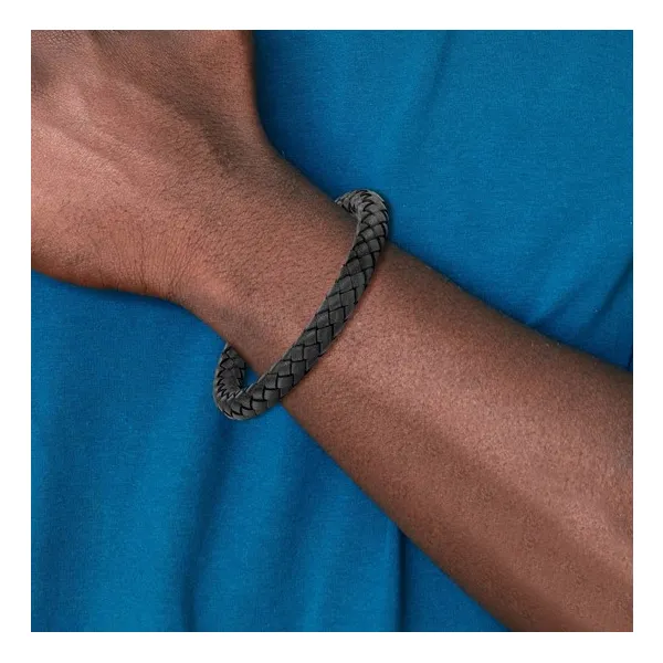 Stainless Steel Brushed Black Braided Genuine Leather Bracelet 8.25