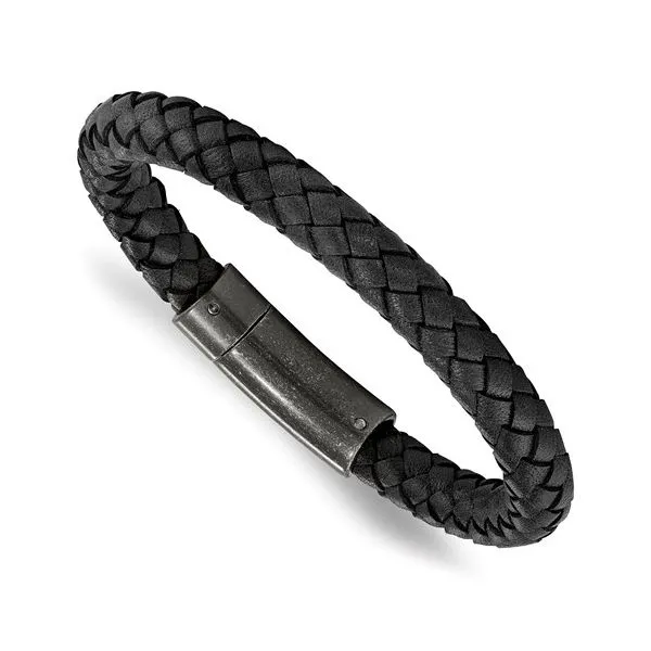 Stainless Steel Brushed Black Braided Genuine Leather Bracelet 8.25