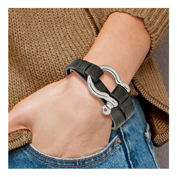 Black Leather Stainless Steel Wrap Bracelet 16