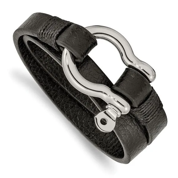 Black Leather Stainless Steel Wrap Bracelet 16