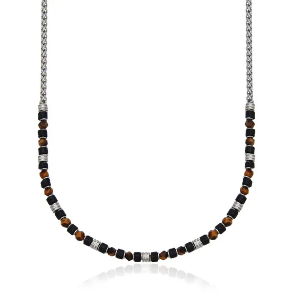 Stainless Steel 6MM Lava Bead & Tiger Eye Stone Necklace 22