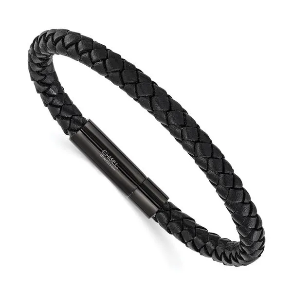 Woven Black Leather Black Stainless Steel Bracelet 8.25