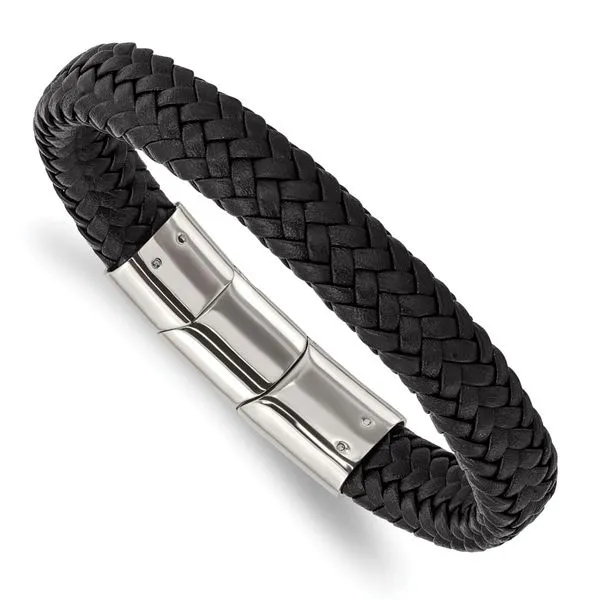 Woven Black Leather And Stainless Steel Bracelet 8
