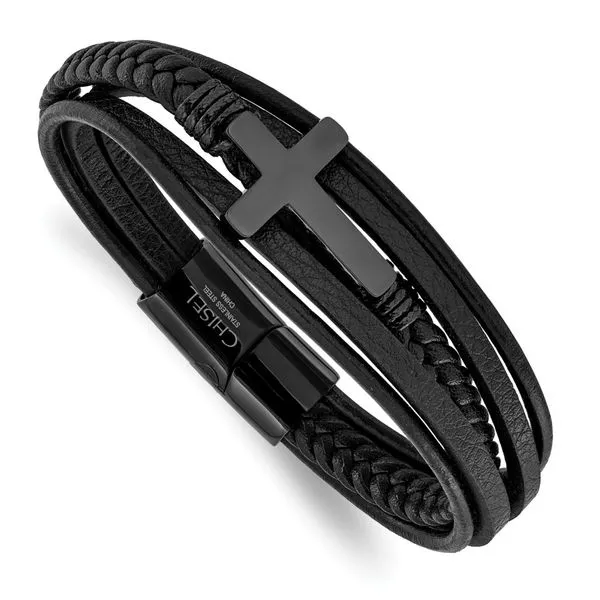 Woven Black Leather Multi-Strand Stainless Steel Bracelet With Black Cross 8.75