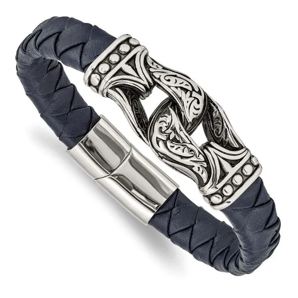 Woven Navy Leather Stainless Steel Bracelet 8.75