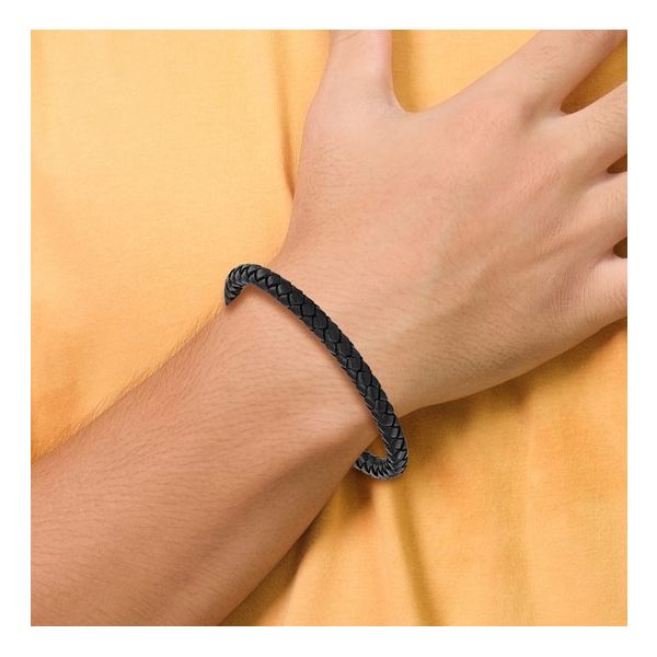 Woven Black Leather Black Stainless Steel Bracelet 8.25