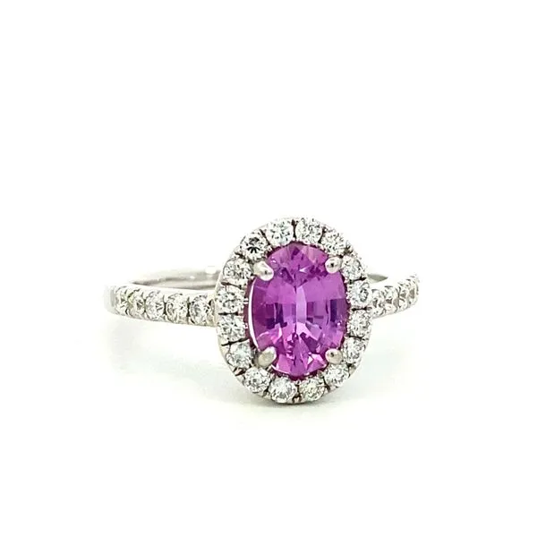 18KW Pink Sapphire and Diamond Halo Ring by David Kord Jim Bartlett Fine Jewelry Longview, TX