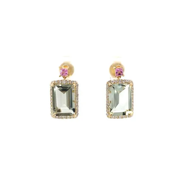 14KW Prasiolite, Diamond & Pink Sapphire Drop Earrings by Bellarri Jim Bartlett Fine Jewelry Longview, TX