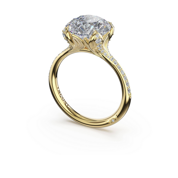 Sculpted Crescent | Round Petal-Crown Pavé Intense Solitaire in 14kt Yellow Gold Baxter's Fine Jewelry Warwick, RI