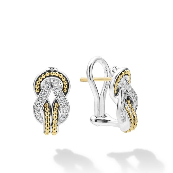 Large Two Tone Knot Diamond Omega Clip Earrings Baxter's Fine Jewelry Warwick, RI
