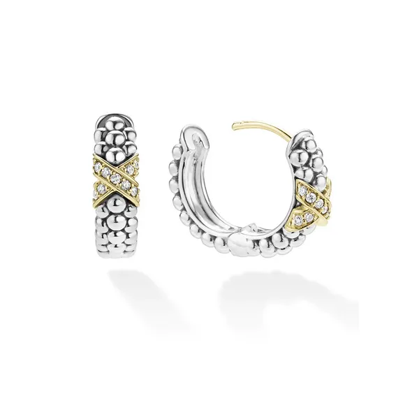 Two-Tone Diamond Huggie Earrings Image 2 Baxter's Fine Jewelry Warwick, RI