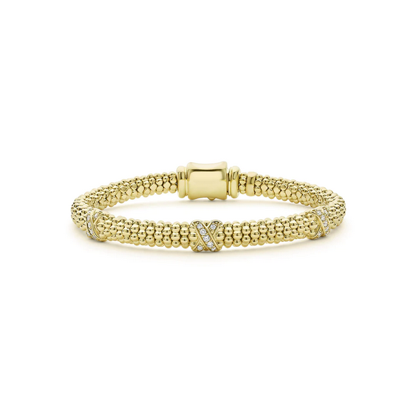 18K Gold Three Station X Diamond Caviar Bracelet | 6mm Baxter's Fine Jewelry Warwick, RI