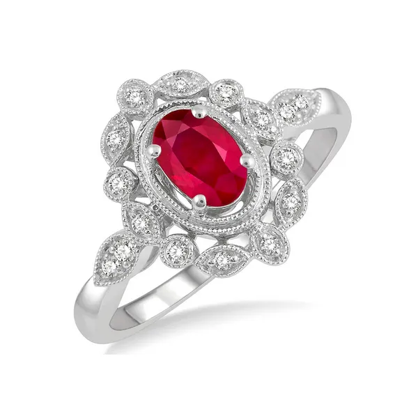 Oval Ruby and Diamond Filigree Halo Ring Baxter's Fine Jewelry Warwick, RI