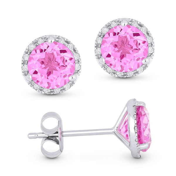 Created Pink Sapphire Stud Halo Earrings Baxter's Fine Jewelry Warwick, RI
