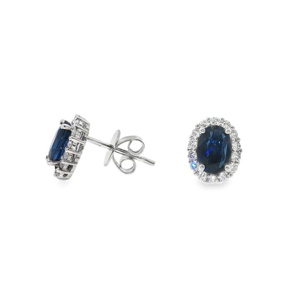 Blue Sapphire and Diamond Halo Stud Earrings Image 2 Baxter's Fine Jewelry Warwick, RI